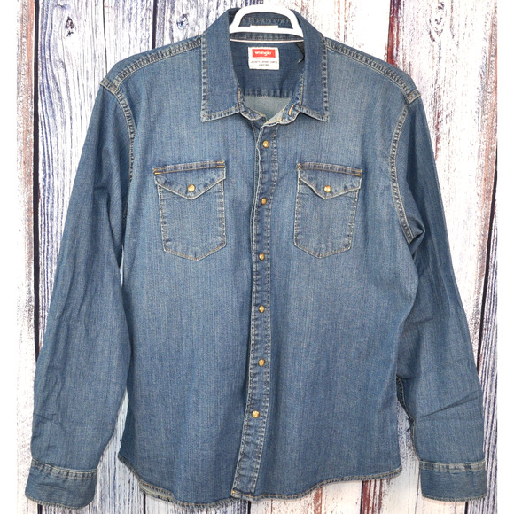 Wrangler Red Label Men’s XL Pearl Button Western Cowboy Shirt Blue - Picture 1 of 6